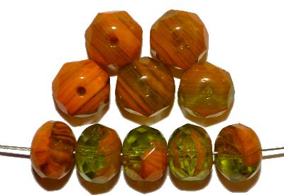 Glasperlen Linse mit facettiertem Rand,
 Mischglas orange grün,
 hergestellt in Gablonz / Tschechien