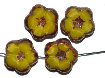 Glasperlen / Table Cut Beads, 
 Perlettglas gelb, 
 geschliffen mit picasso finish,
 hergestellt in Gablonz / Tschechien