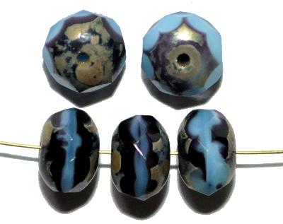 facettierte Glasperlen Linse,
 hellblau / dunkelblau mit picasso finish,
 hergestellt in Gablonz / Tschechien