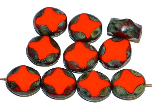 Glasperlen / Table Cut Beads 
 geschliffen, orangerot opak mit picasso finish, 
 hergestellt in Gablonz Tschechien