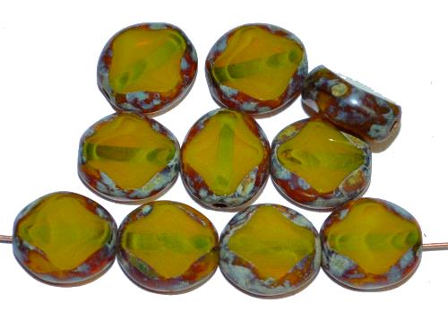 Glasperlen / Table Cut Beads
 geschliffen, Perlett oliv mit picasso finish,
 hergestellt in Gablonz Tschechien