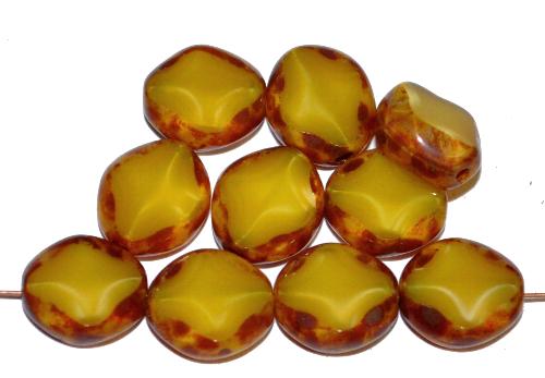 Glasperlen / Table Cut Beads 
 geschliffen, Perlettglas gelb mit picasso finish, 
 hergestellt in Gablonz Tschechien