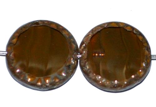 Glasperlen / Table Cut Beads Scheiben geschliffen 
 Perlettglas oliv mit picasso finish, 
 hergestellt in Gablonz / Tschechien