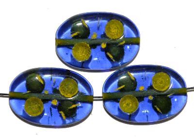 Glasperlen hergestellt in Gablonz / Tschechien,
 Olive flach, blau transp.
 mit Farbauflage (eingebrannt)