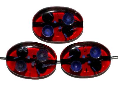 Glasperlen hergestellt in Gablonz / Tschechien,
 Olive flach, rot transp.
 mit Farbauflage (eingebrannt)