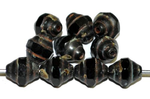 facettierte Glasperlen / Barockperlen
 schwarz mit picasso finish,
 hergestellt in Gablonz / Tschechie