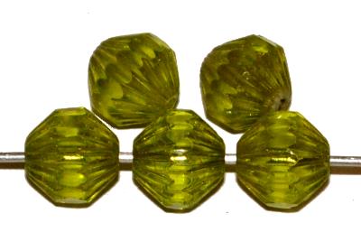 Glasperlen mit facettiertem Band
 olivgrün transp. mit light picasso finish,
 hergestellt in Gablonz / Tschechien