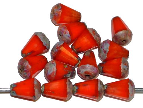 Glasperlen Tropfen geschliffen,
 Perlettglas orange mit picasso finish,
 hergestellt in Gablonz / Tschechien
