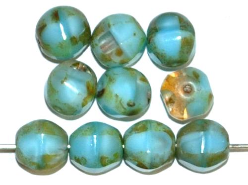 Glasperlen geschliffen Multi Cut Beads 
 hellblau Perlettglas mit picasso finish,
 hergestellt in Gablonz / Tschechien