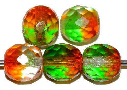 facettierte Glasperlen
 Zweifarbenglas orange/grün transp.,
 hergestellt in Gablonz Tschechien