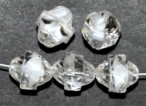 facettierte Glasperlen mit facettiertem Band 
 kristall mit weißem Einschluss, 
 hergestellt in Gablonz / Tschechien