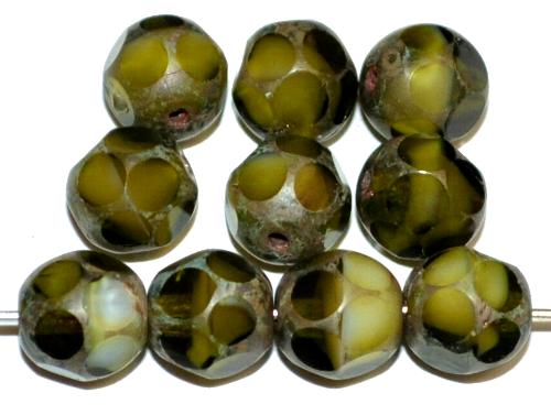Glasperlen geschliffen Multi Cut Beads
 olivgrün mit picasso finish 
 hergestellt in Gablonz / Tschechien
