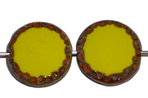 Glasperlen / Table Cut Beads geschliffen Scheiben, 
 oliv opak mit picasso finish, 
 hergestellt in Gablonz Tschechien 
 