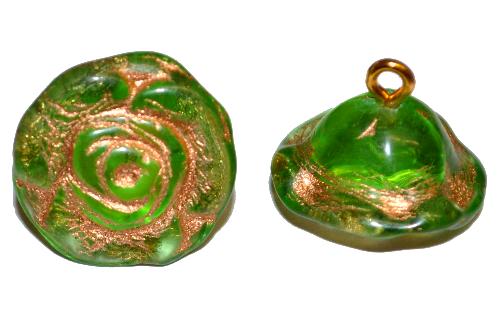 Glasröschen mit Öse, 
 nach alten Vorlagen aus den 1920/30 Jahren neu gefertigt, grün transp. mit Goldauflage, 
 hergestellt in Gablonz / Tschechien