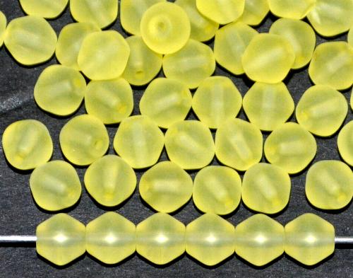 Glasperlen Doppelkegel
 Uranglas gelb transp. mattiert,
 leuchten unter Schwarzlicht
 hergestellt in Gablonz / Tschechien