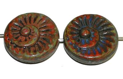 Glasperlen Scheiben mit auf der Vorder-und Rückseite eingeprägtem fosielem Ammoniten,
 mit picasso finish,
 hergestellt in Gablonz / Tschechien