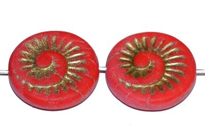 Glasperlen Scheiben mit auf der Vorder-und Rückseite eingeprägtem fosielem Ammoniten,
 rot opak matt mit Metallicauflage,
 hergestellt in Gablonz / Tschechien
