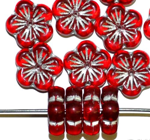 Glasperlen Blüten,
 rot transp. mit Silberauflage,
 hergestellt in Gablonz / Tschechien