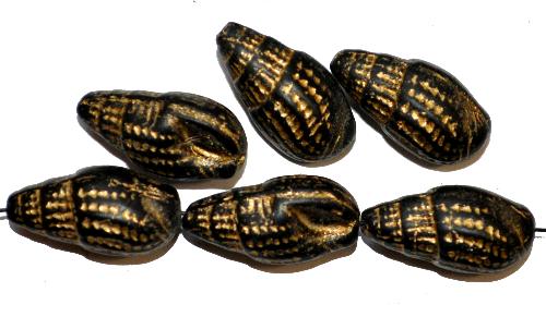 Glasperlen Schnecke geprägt,
 schwarz mattiert mit Goldauflage, 
 hergestellt in Gablonz / Tschechien