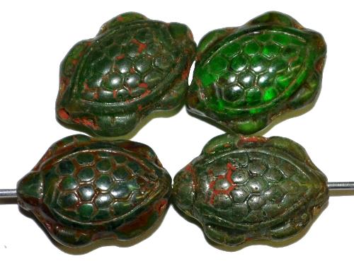 Glasperlen Schildkröte, 
 Vorder-und Rückseite geprägt, 
 mit picasso finish,
 hergestellt in Gablonz / Tschechien