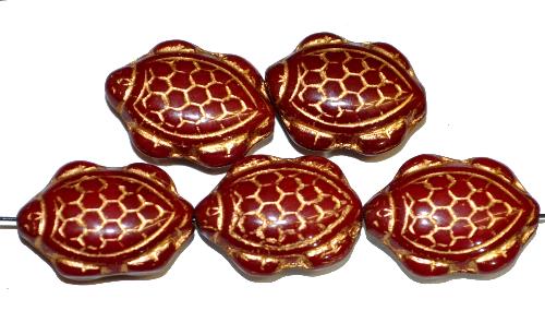 Glasperlen Schildkröte, 
 Vorder-und Rückseite geprägt, 
 dunkelrot opak mit Goldauflage, 
 hergestellt in Gablonz / Tschechien