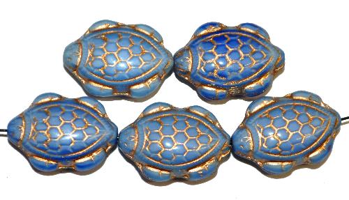 Glasperlen Schildkröte, 
 Vorder-und Rückseite geprägt, 
 hellblau mit Goldauflage, 
 hergestellt in Gablonz / Tschechien