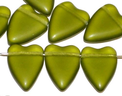Glasperlen Herzen 
 olivgrün mattiert, 
 hergestellt in Gablonz / Tschechien