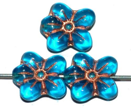 vintage style Glasperlen in Blütenform,
 montanablau transp. mit Kupferauflage,
 nach alten Vorlagen aus den 1930 Jahren in Gablonz / Tschechien neu gefertigt