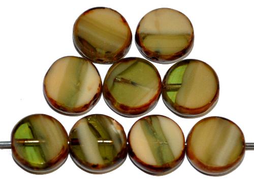 Glasperlen / Table Cut Beads 
 geschliffen, Mischglas grün beige, Rand mit picasso finish,
 hergestellt in Gablonz Tschechien