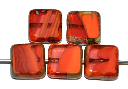 Glasperlen / Table Cut Beads
 geschliffen corallrot mit picasso finish, 
 hergestellt in Gablonz / Tschechien