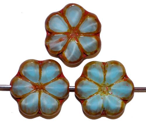 Glasperlen / Table Cut Beads,
 Perlettglas hellblau,
 geschliffen mit picasso finish,
 hergestellt in Gablonz / Tschechien