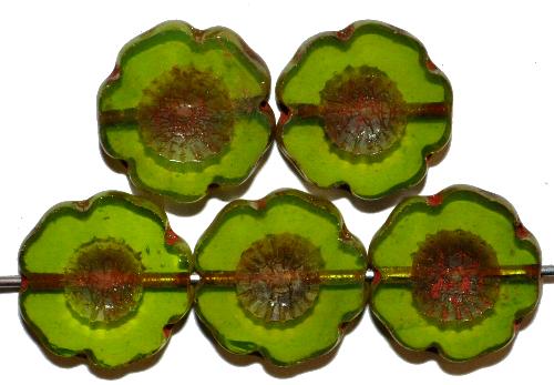 Glasperlen / Table Cut Beads
 opalin grün,
 Blüten geschliffen mit bronze finish,
 hergestellt in Gablonz / Tschechien