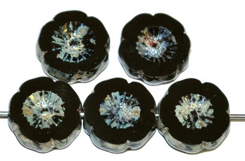 Glasperlen / Table Cut Beads Blüten geschliffen
 schwarz mit picasso finish,
 hergestellt in Gablonz / Tschechien 