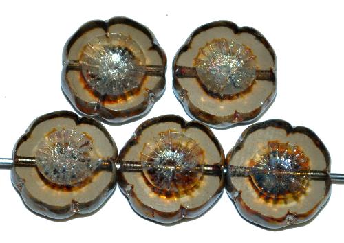 Glasperlen / Table Cut Beads Blüten geschliffen
 blackdiamond transparent mit picasso finish
 hergestellt in Gablonz / Tschechien 