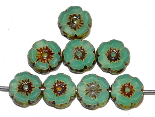 Glasperlen / Table Cut Beads Blüten geschliffen
 Opalglas oceangreen mit picasso finish,
 hergestellt in Gablonz / Tschechien