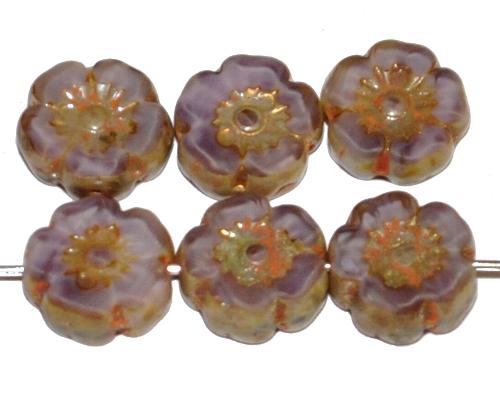 Glasperlen / Table Cut Beads Blüten geschliffen
 Perlettglas violett mit burning silver picasso finish,
 hergestellt in Gablonz / Tschechien