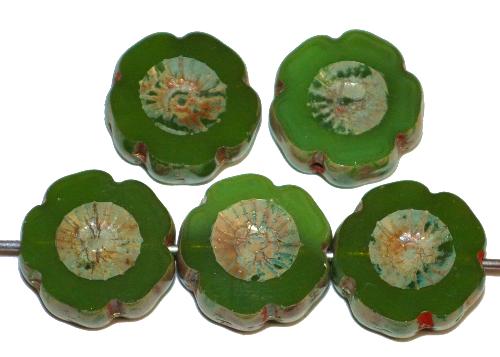 Glasperlen / Table Cut Beads Blüten geschliffen, Opalglas grün mit burning silver picasso finish, 
 hergestellt in Gablonz / Tschechien