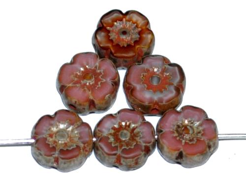 Glasperlen / Table Cut Beads Blüten geschliffen 
 Perlettglas altrosa mit picasso finish,
 hergestellt in Gablonz / Tschechien