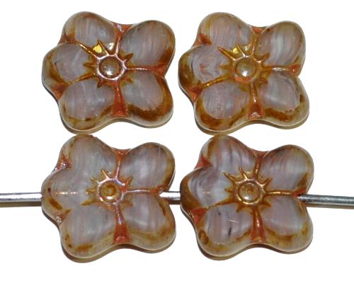 Glasperlen / Table Cut Beads Blüten geschliffen 
 Perlettglas hellviolett mit picasso finish,
 hergestellt in Gablonz / Tschechien
 