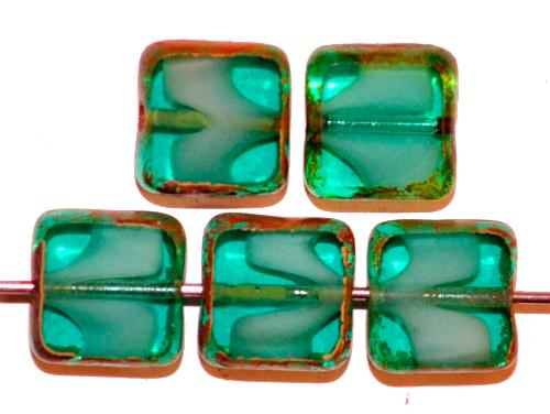 Glasperlen / Table Cut Beads
 geschliffen grün weiß mit picasso finish, 
 hergestellt in Gablonz / Tschechien