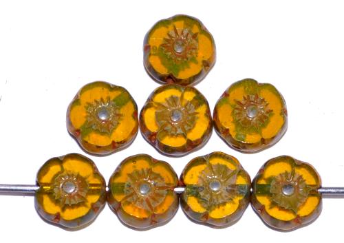 Glasperlen / Table Cut Beads Blüten geschliffen
 Opalglas gelb mit picasso finish,
 hergestellt in Gablonz / Tschechien