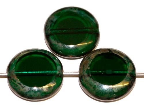 Glasperlen / Table Cut Beads geschliffen 
 smaragdgrün transp. mit picasso finish,
 hergestellt in Gablonz Tschechien