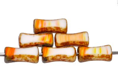 Glasperlen / Table Cut Beads geschliffen
 weiß orange marmoriert, Rand mit picasso finish,
 hergestellt in Gablonz Tschechien
