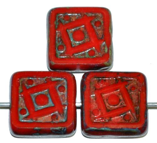 Glasperlen / Table Cut Beads
 geschliffen
 rot opak mit picasso finish,
 nach alten Vorlagen aus den 1920 Jahren in Gablonz/Tschechien neu gefertigt