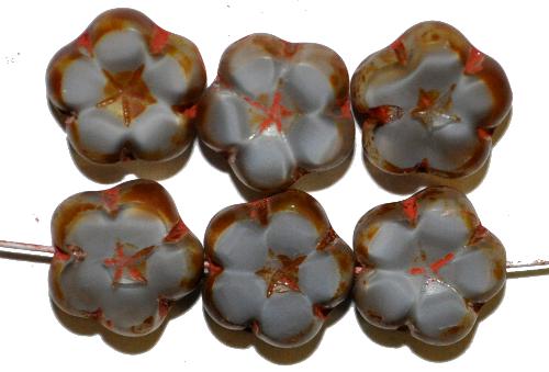 Glasperlen / Table Cut Beads Blüten 
 Perlettglas grau, 
 Blüten geschliffen mit picasso finish, 
 hergestellt in Gablonz / Tschechien
