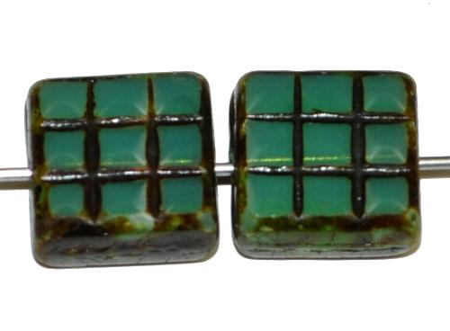 Glasperlen / Table Cut Beads
 geschliffen, Opalglas oceangreen mit picasso finish,  
 hergestellt in Gablonz Tschechien 