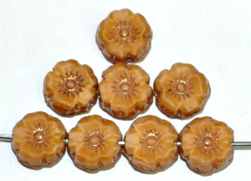 Glasperlen / Table Cut Beads Blüten geschliffen 
 beige hellbraun meliert mit antikbronze finish,
 hergestellt in Gablonz / Tschechien