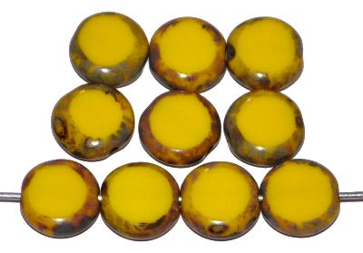 Glasperlen / Table Cut Beads Scheiben
 geschliffen, gelb opak mit picasso finish,
 hergestellt in Gablonz / Tschechien