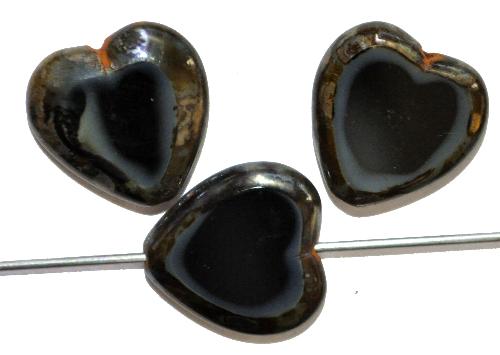 Glasperlen / Table Cut Beads 
 Herzen geschliffen 
 black smoke mit picasso finish,
 hergestellt in Gablonz / Tschechien