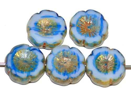 Glasperlen / Table Cut Beads Blüten geschliffen 
 weiß blau mit picasso finish,
 hergestellt in Gablonz / Tschechien 